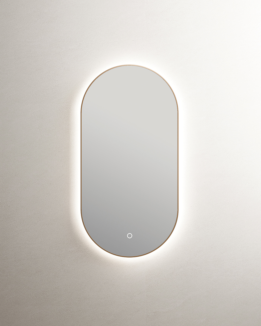 Idealaqua ogledalo s LED rasvjetom R, 90×38 cm, mat zlatni okvir