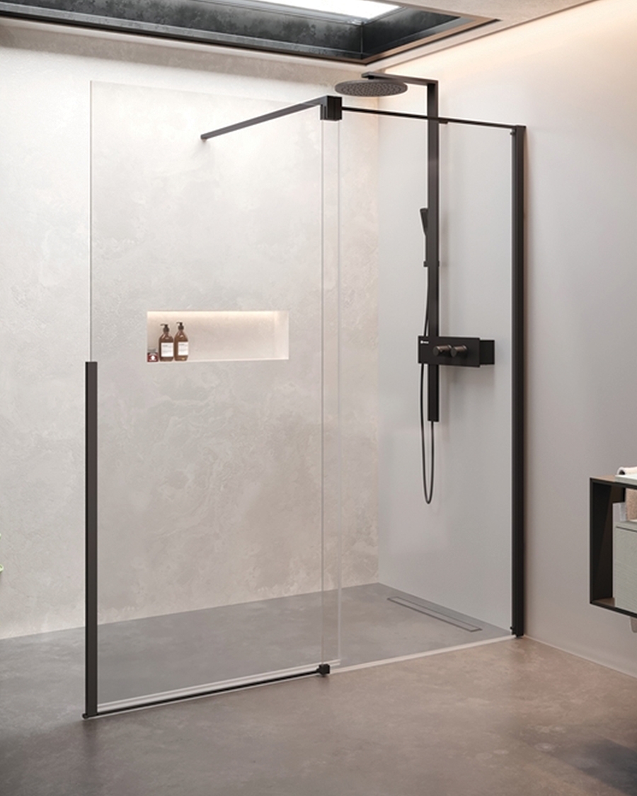 Novellini walk-in Hstyle, 97-98,5 cm, klizna, brushed black chrome/prozirno