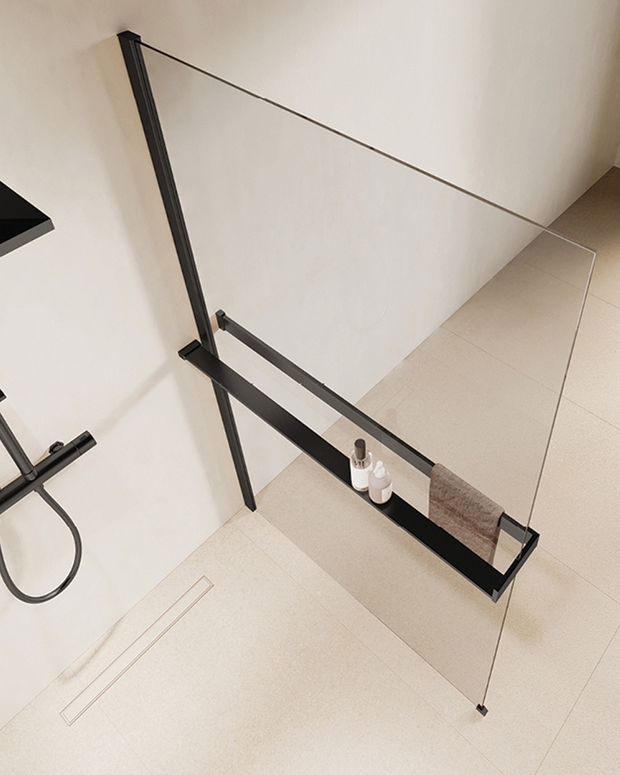 Novellini walk-in Kuadra, 117-120 cm, brushed black chrome/prozirno