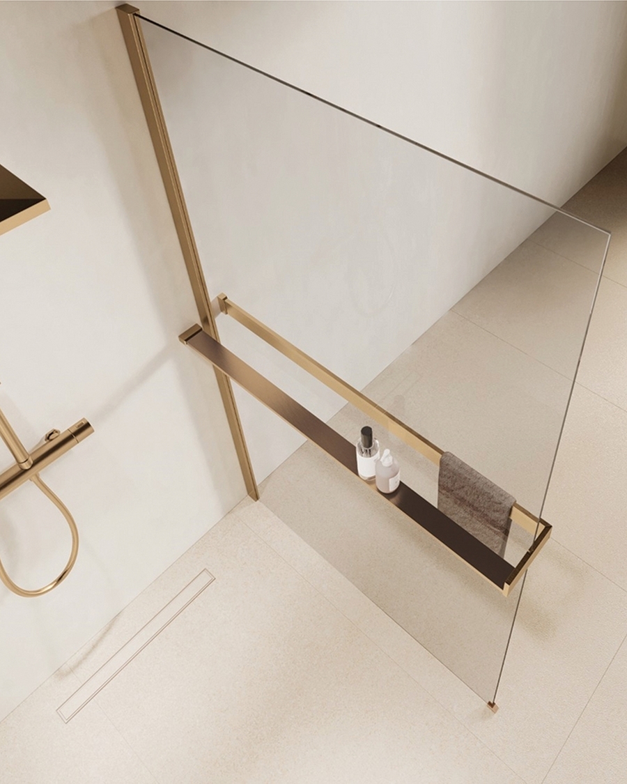 Novellini walk-in Kuadra, 117-120 cm, brushed gold/prozirno