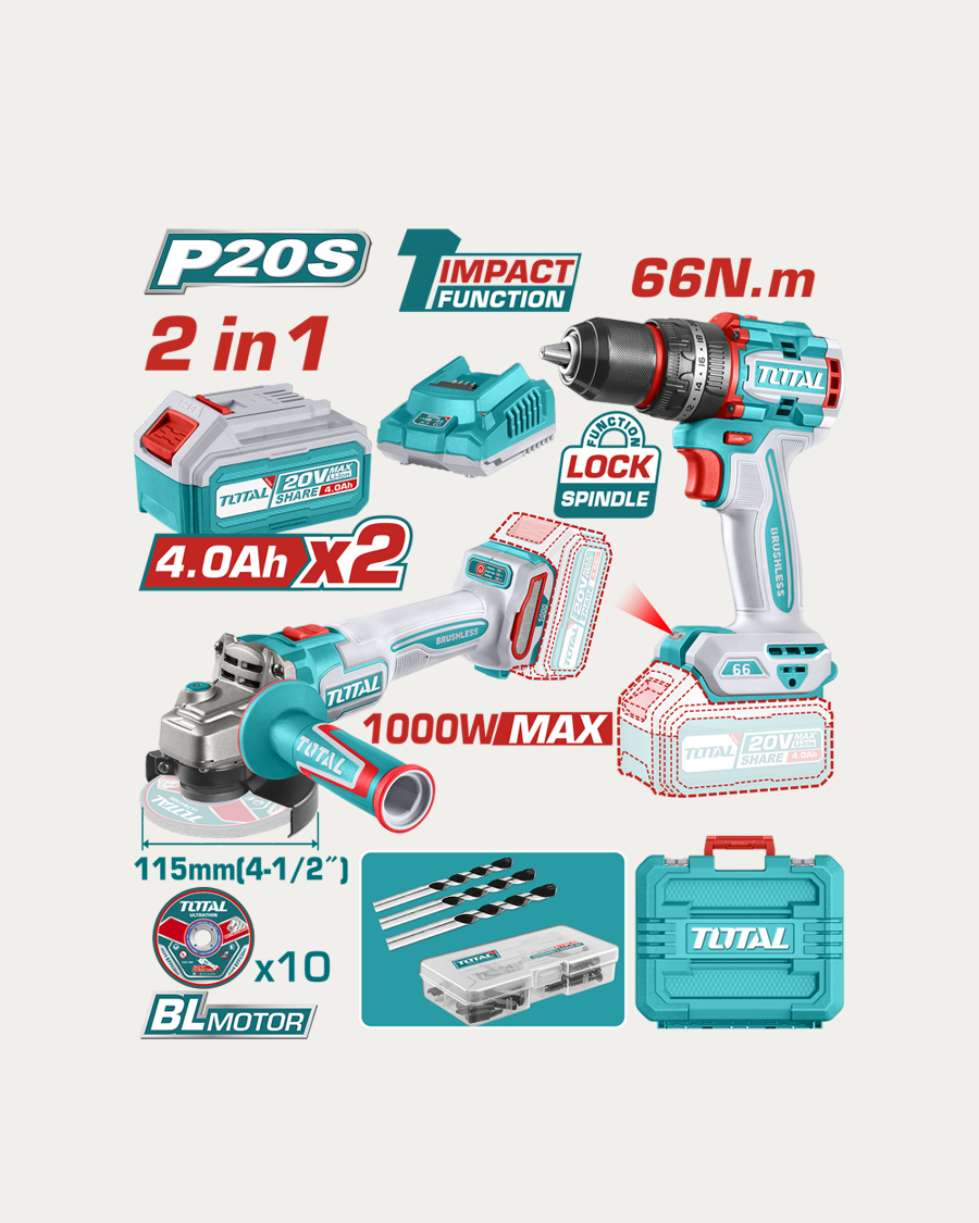 Total aku set udarna bušilica 66 Nm+kutna brusilica, 2 baterije, punjač, kovčeg
