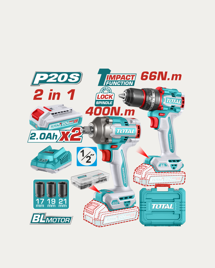 Total aku set udarna bušilica 66 Nm+udarni izvijač 400 Nm 2 baterije, punjač, kovčeg