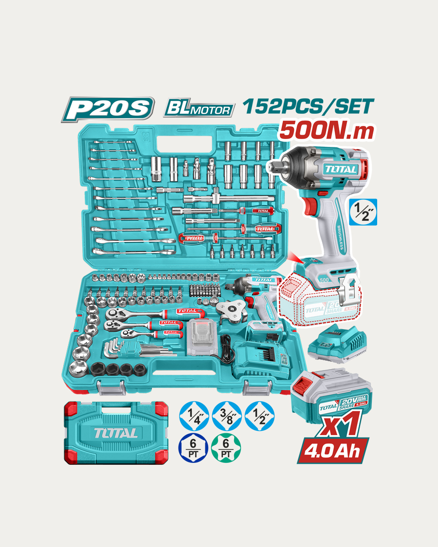 Total aku set udarni izvijač 500 Nm+152-djelni set alata, baterija, punjač, kovčeg