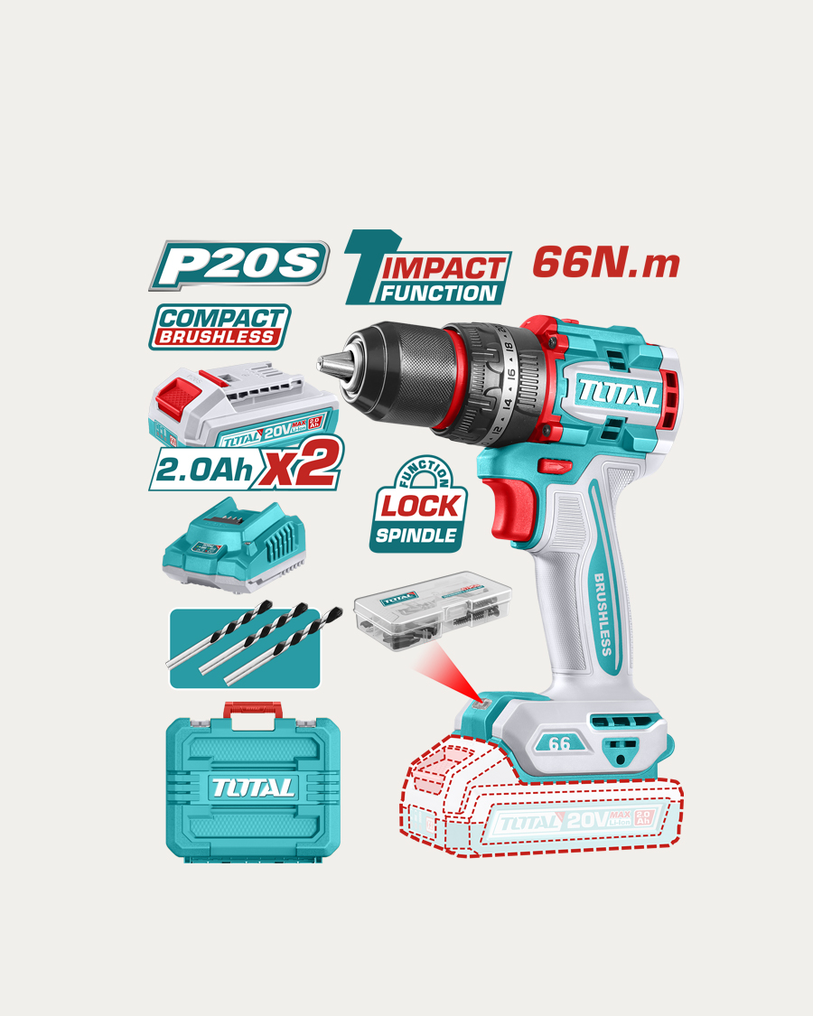 Total aku udarna bušilica 66 Nm 2 baterije, punjač, kovčeg
