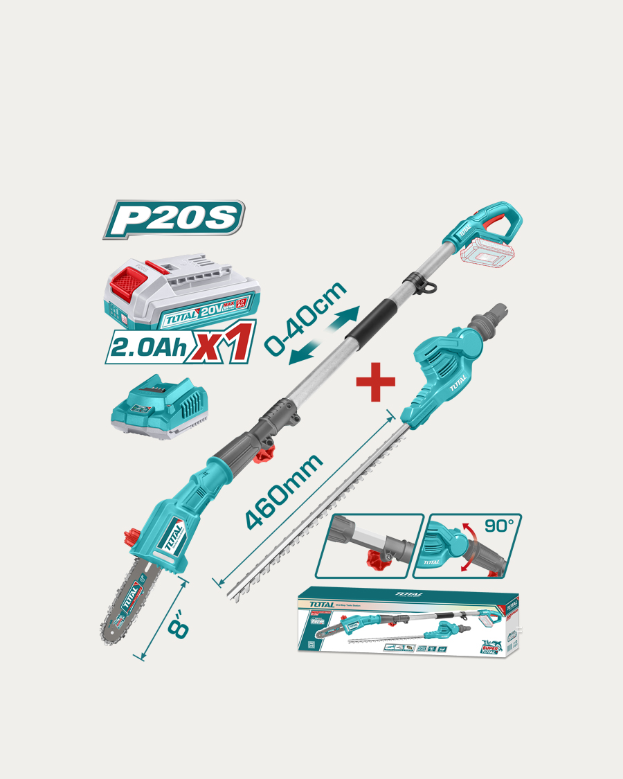 Total aku set teleskopska pila+teleskopske škare za živicu baterija, punjač